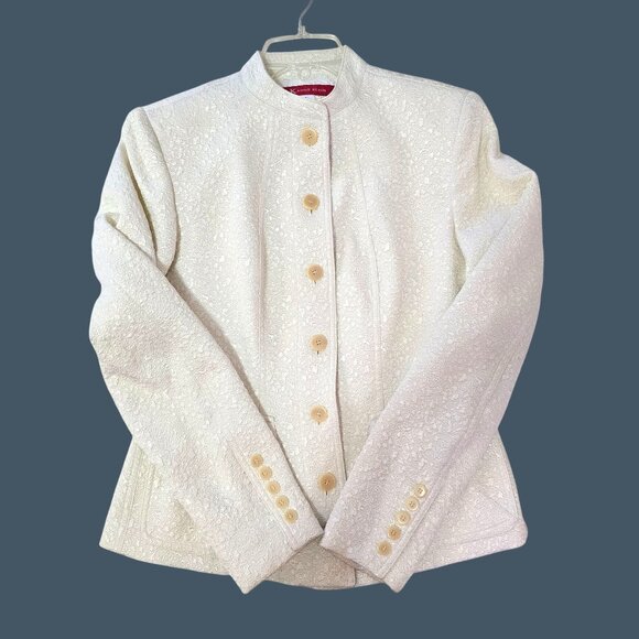 Anne Klein Off White Textured Jacket Mandarin Collar & Pockets Women Size 4 - Picture 1 of 9